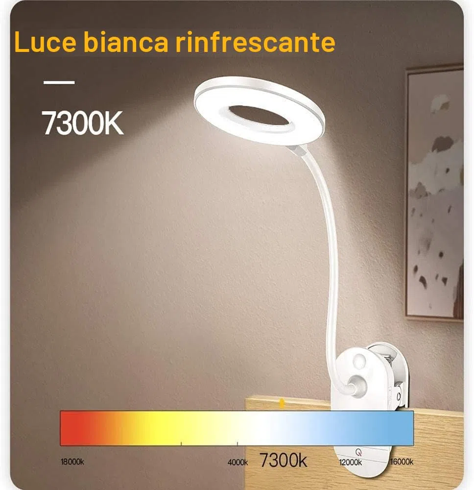 Lampada da lettura a clip, alimentata a batteria, luce a clip per letto con 3 livelli di luminosità, ricaricabile tramite USB, lampada da lettura