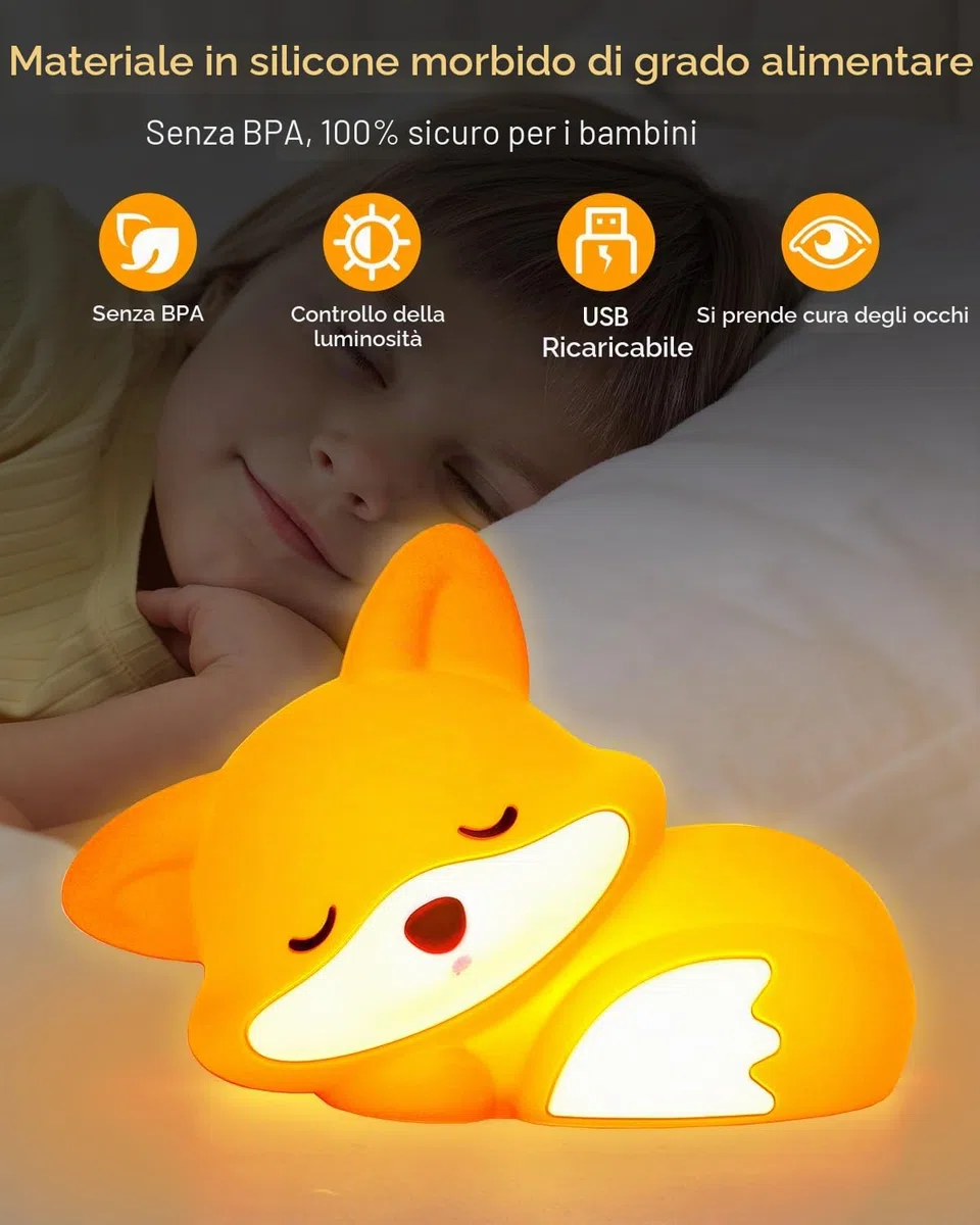 Amaredom Luce Notturna Volpe Simpatica Lampada LED in Silicone Dimmabile con Timer e Touch Control Perfetta per Camera dei Bambini, Comodino, Camera da Letto e Soggiorno
