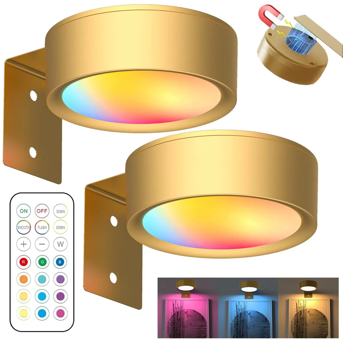 YOUYIKE 2 Luce per Quadri Senza Fili con Telecomando, 13 Modalità di Illuminazione, Illuminazione a Batteria, Quadri Lampada, Applique Quadro Luci per Esposizione Pittura Vetrina (Oro)