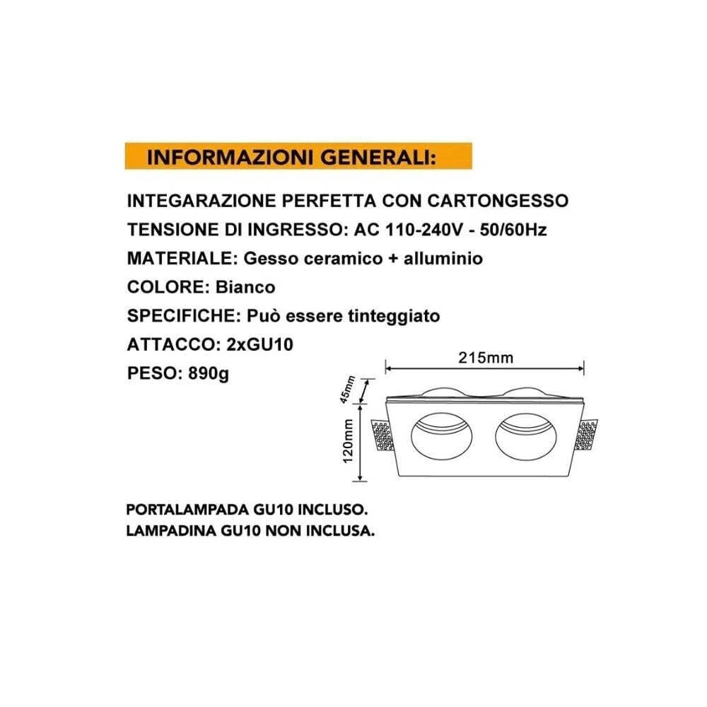 Portafaretto incasso in gesso scomparsa doppio diffusore tondo attacco gu10 gs23