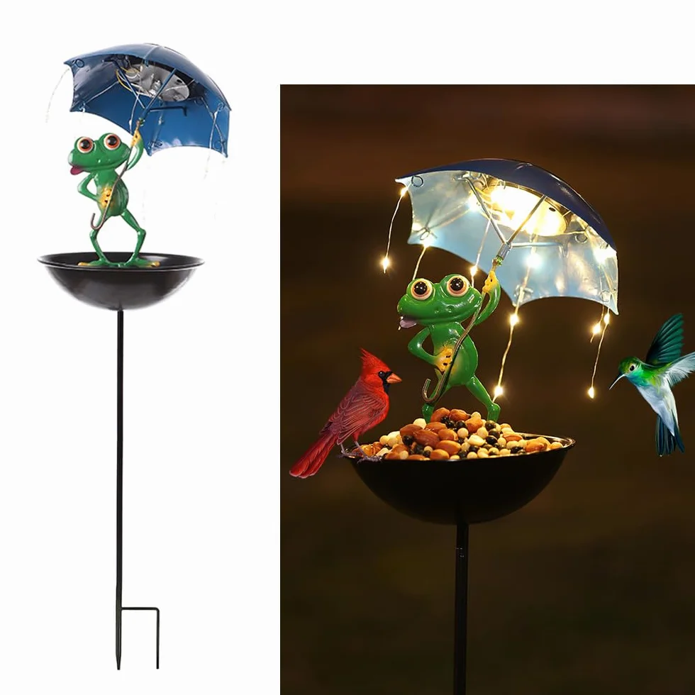 La rana solare sostiene la luce di alimentazione dell'ombrello, il giardino incantevole decorazione ferro arte rana ombrello piatto da mangiare per il pavimento, LED impermeabile luce wireless.