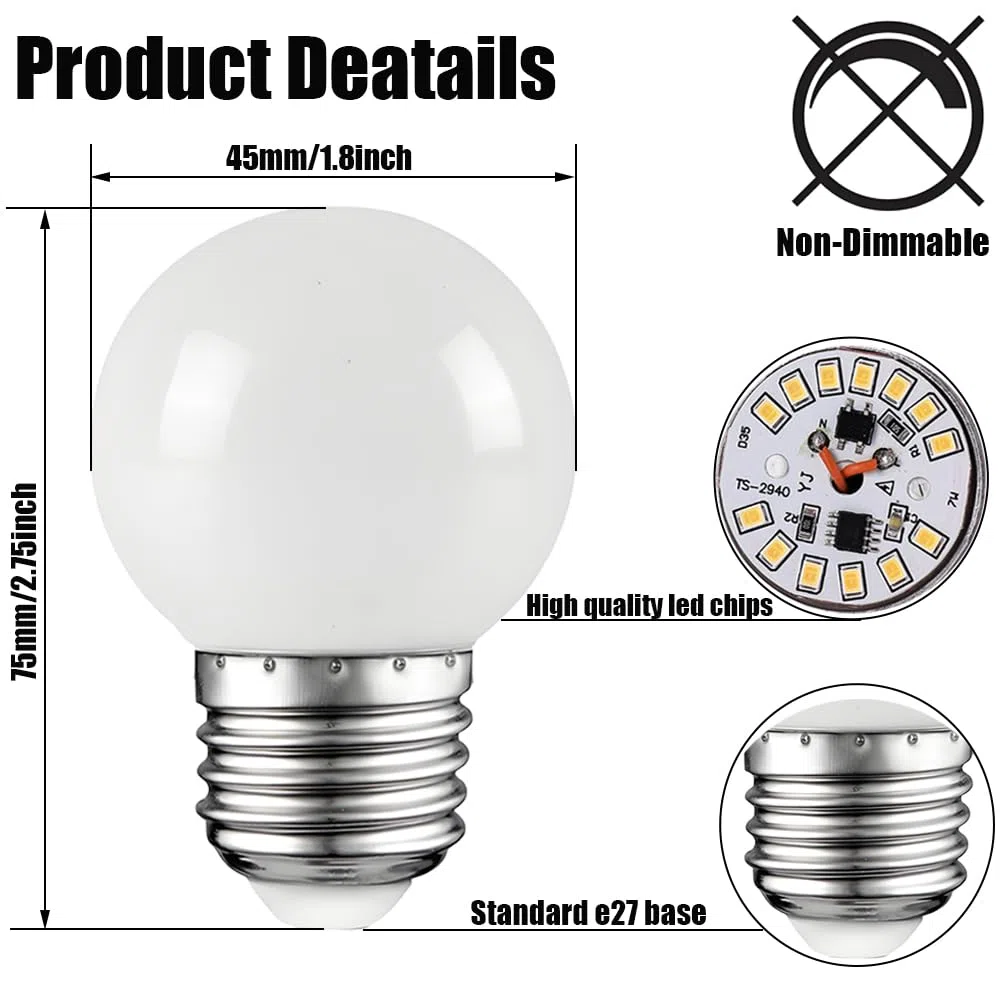 Lampadina E27 con tappo a vite, 2W, luce LED Edison, calda pera da golf bianca, per feste all'aperto in terrazza Natale, 10 set