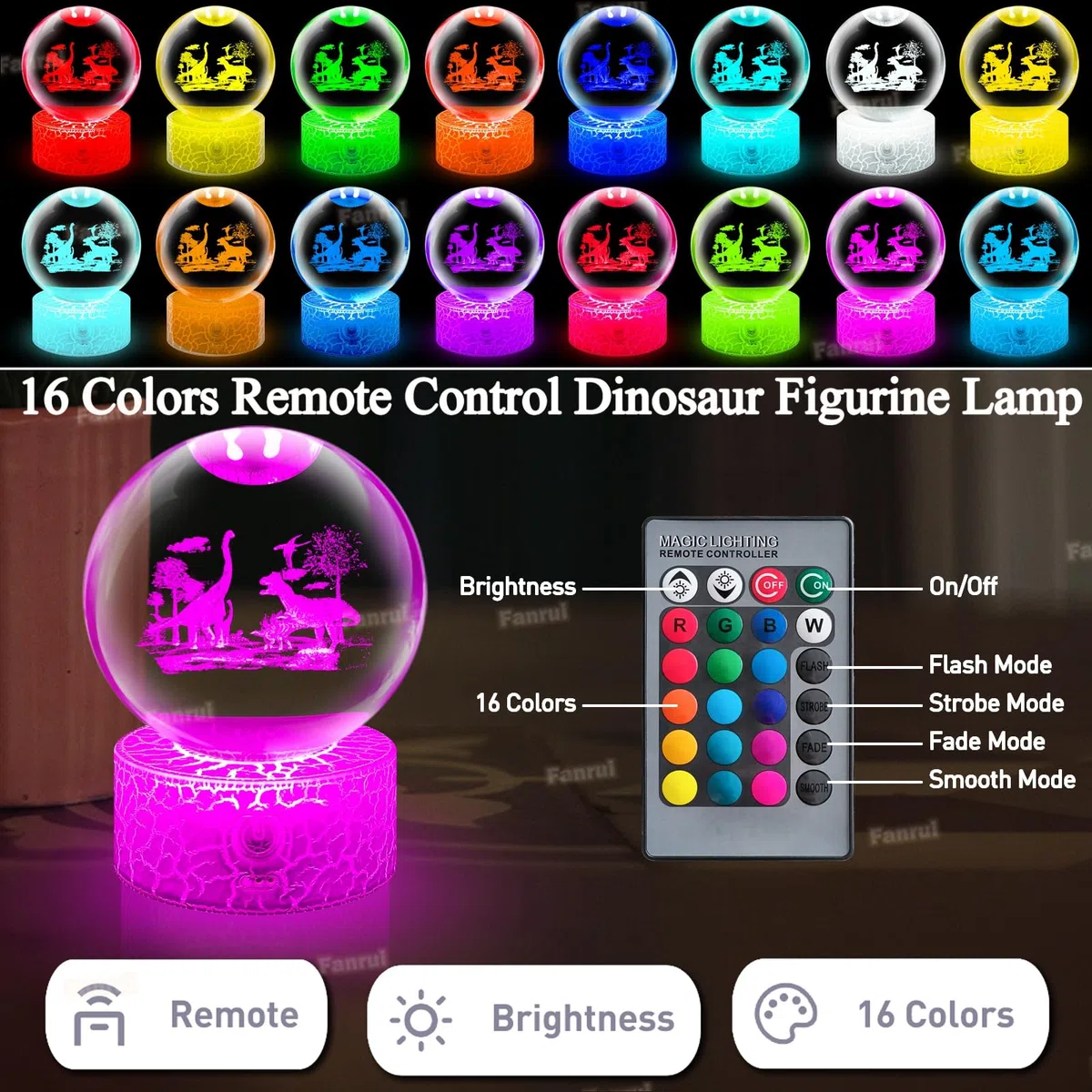 Fanrui Lampada Dinosauro | 3,15” Dinosauro Figurina Sfera di Cristallo | 16 Colori Cambia Lampada da Tavolo | Dinosauro Dimmerabile Telecomando Luce Notturna | Regali di Natale per Bambini Ragazzi