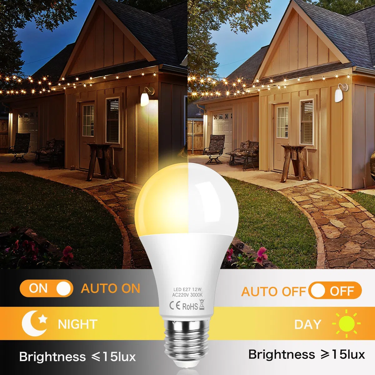 SCNNC Lampadina LED E27 Sensore Crepuscolare 12W, Auto On/Off, Bianco Caldo 3000K, Lampadine Crepuscolare da Esterno E27 per Corridoio Giardino Patio Veranda Scale, 2 Pezzi