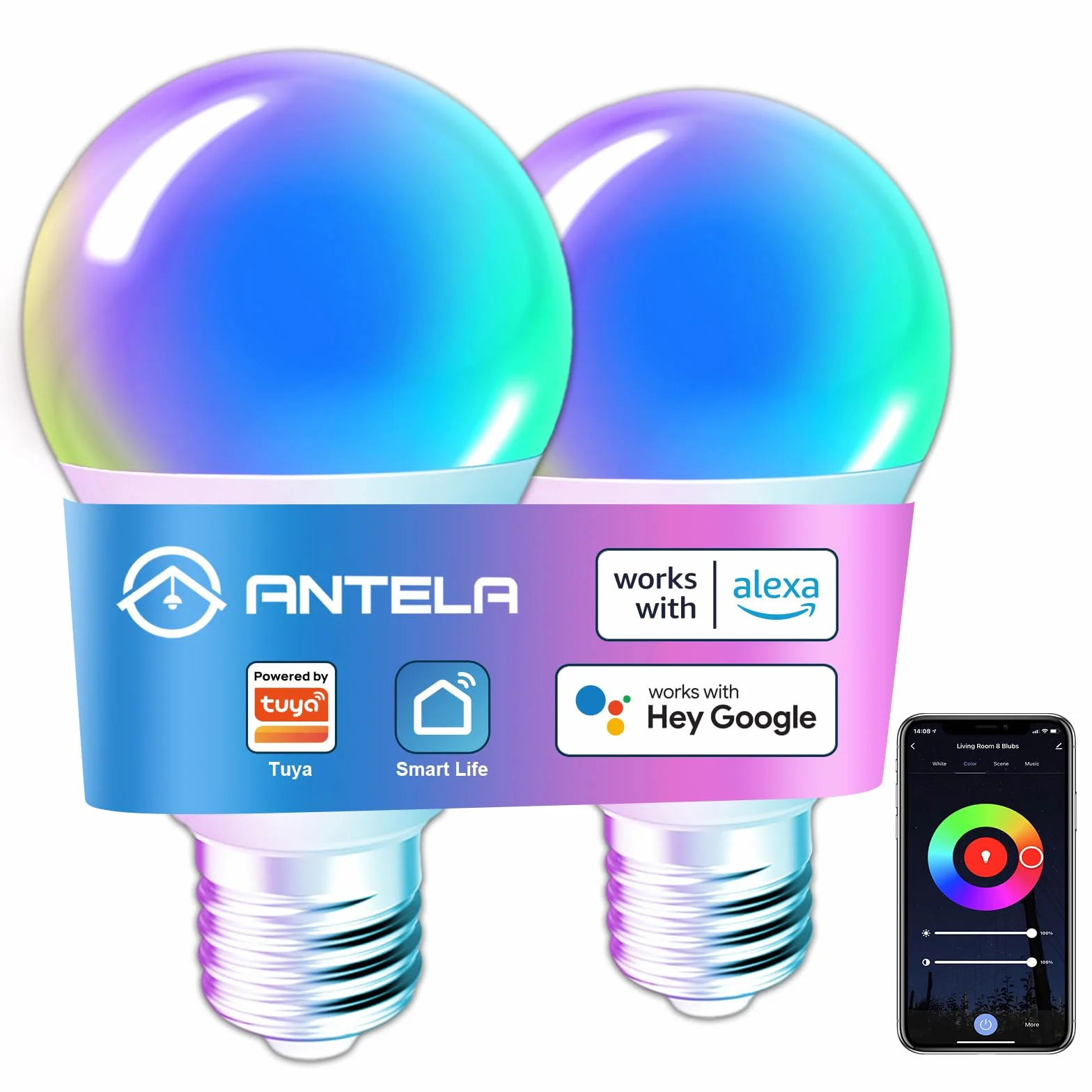 ANTELA Lampadina LED Alexa E27 Wifi, 7W 806LM Dimmerabile Lampadina Smart RGB 2700k-6500k, Compatibile con Alexa e Google Home, App Controllato, 2Pz