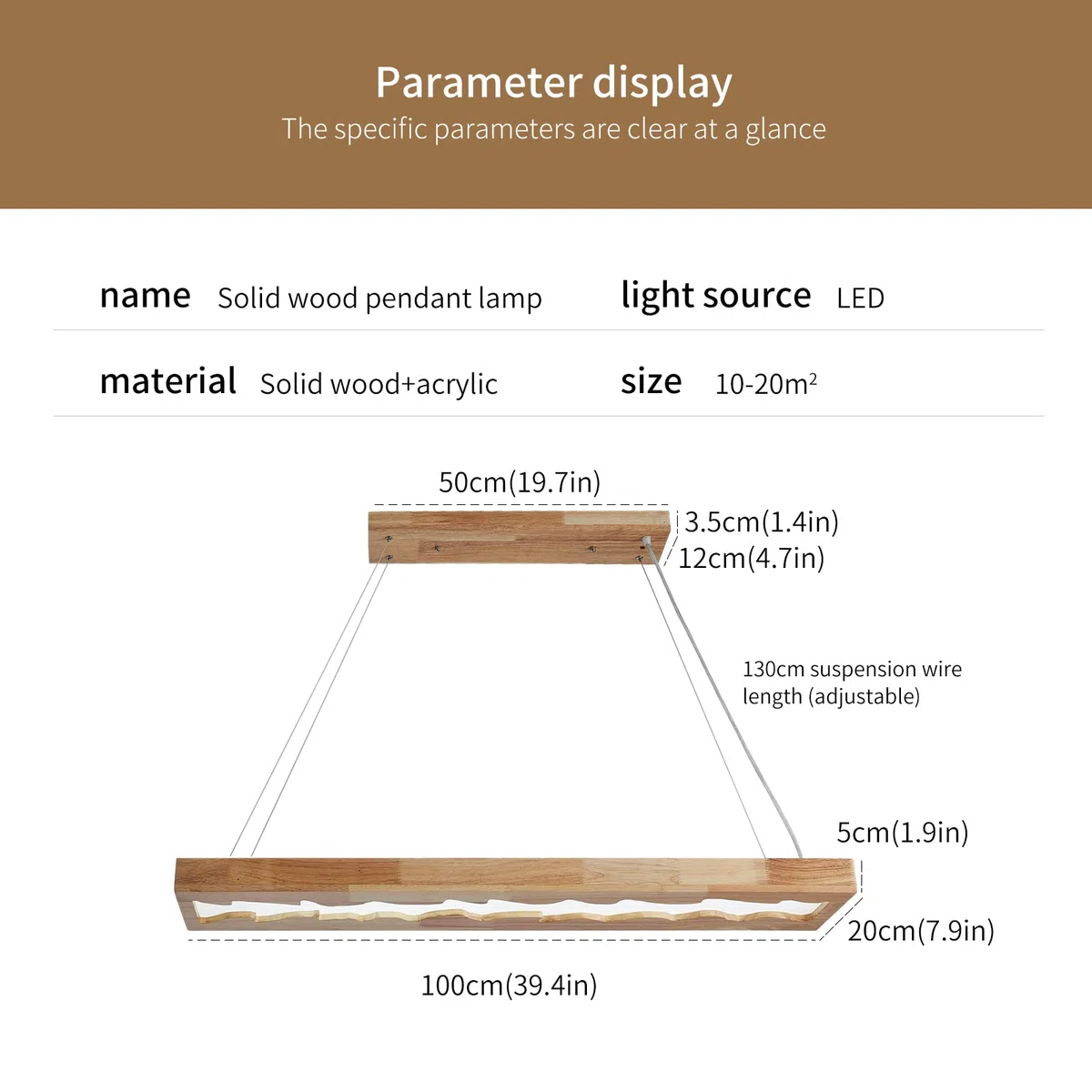 Lampada a sospensione a led in legno, lampada a sospensione rustica in legno dimmerabile per tavolo da pranzo, altezza regolabile, 40W, 100 CM