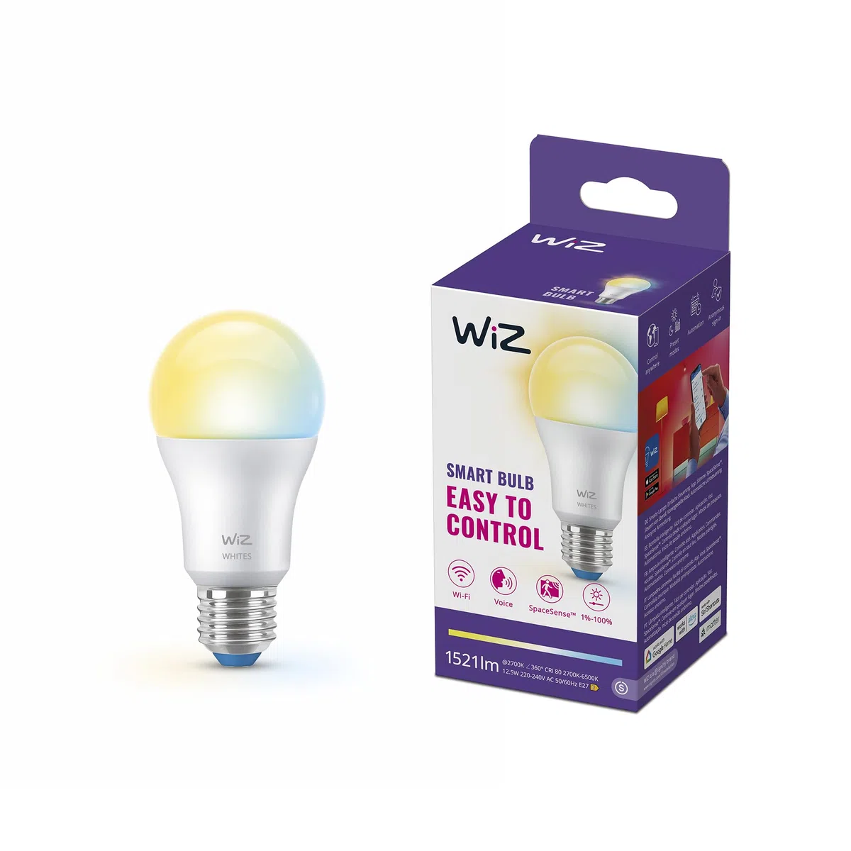 WiZ Lampada Smart LED A60, bianco Regolabile, attacco E27, 100 W, 2.200-6.500 K,1.521 lumen, intensità regolabile, compatibile con Alexa, Google Assistant e Apple Home, conf. da 1
