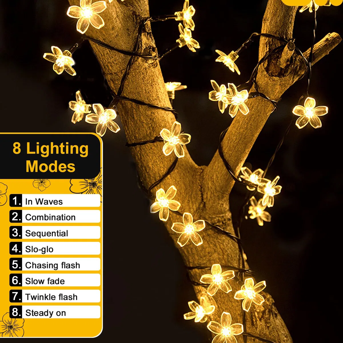 Fohil Catena Luminosa Esterno Solare, 12M 100 LED Fiori di Ciliegio Luci Solari Esterno 8 Modalità IP65 Impermeabile Luci Solari Decorative per Giardino Festa Natale Halloween Decorazione