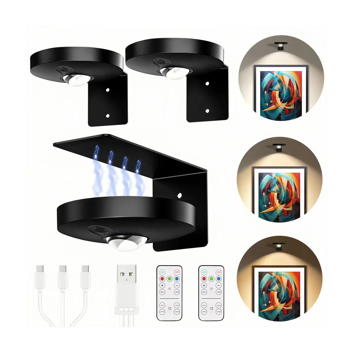 Luce per quadri a batteria, led magnetiche per pittura con telecomando dimmerabile e timer, luci ricaricabili da parete (nero), 3 modalità di illuminazione