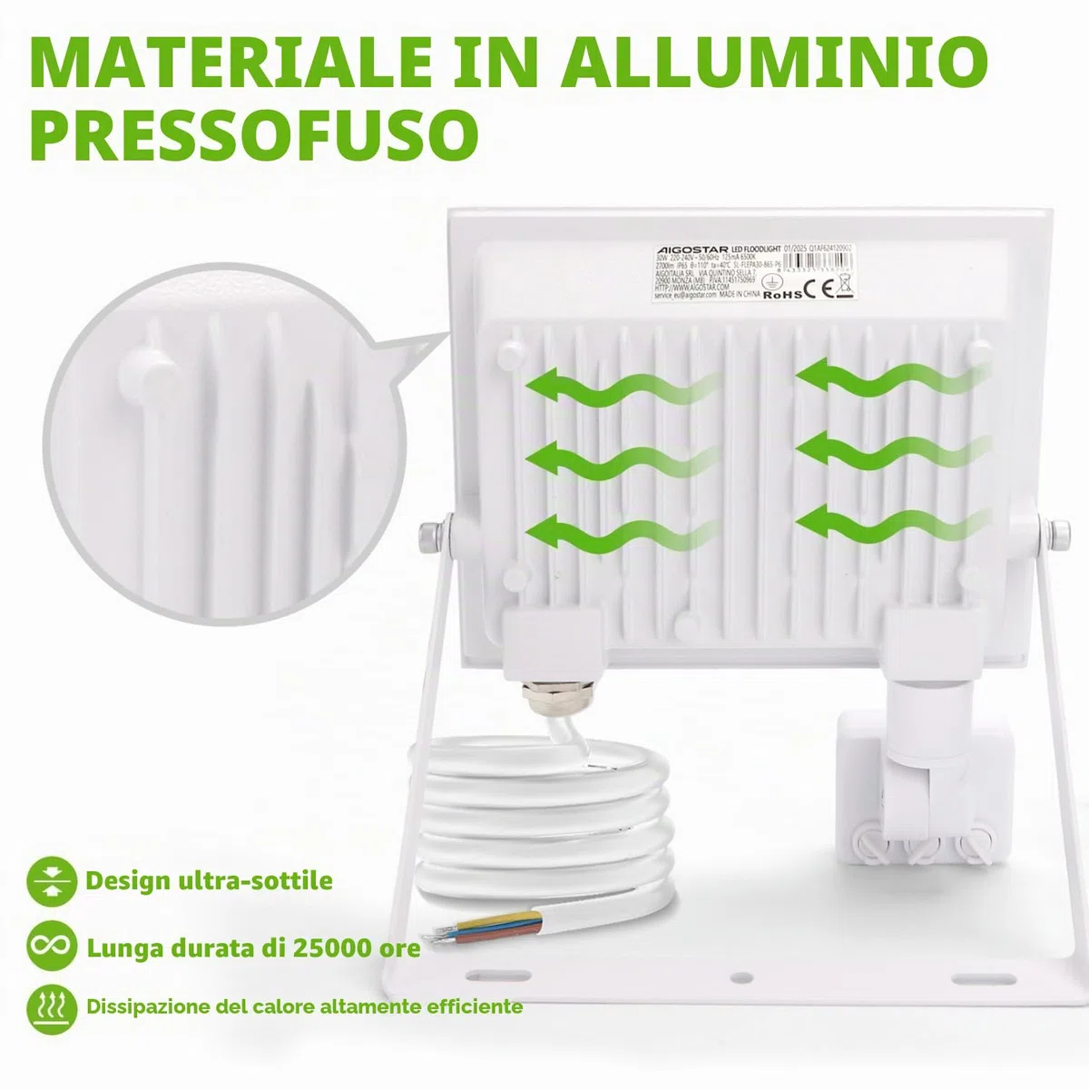 Aigostar Faretto LED con Sensore di Movimento PIR,30W 2700 LM Faro LED Esterno,Bianco Natural 4000k,IP65 Impermeabile Faretti LED para Giardino, Cortile,Patio,Garage,Jardín