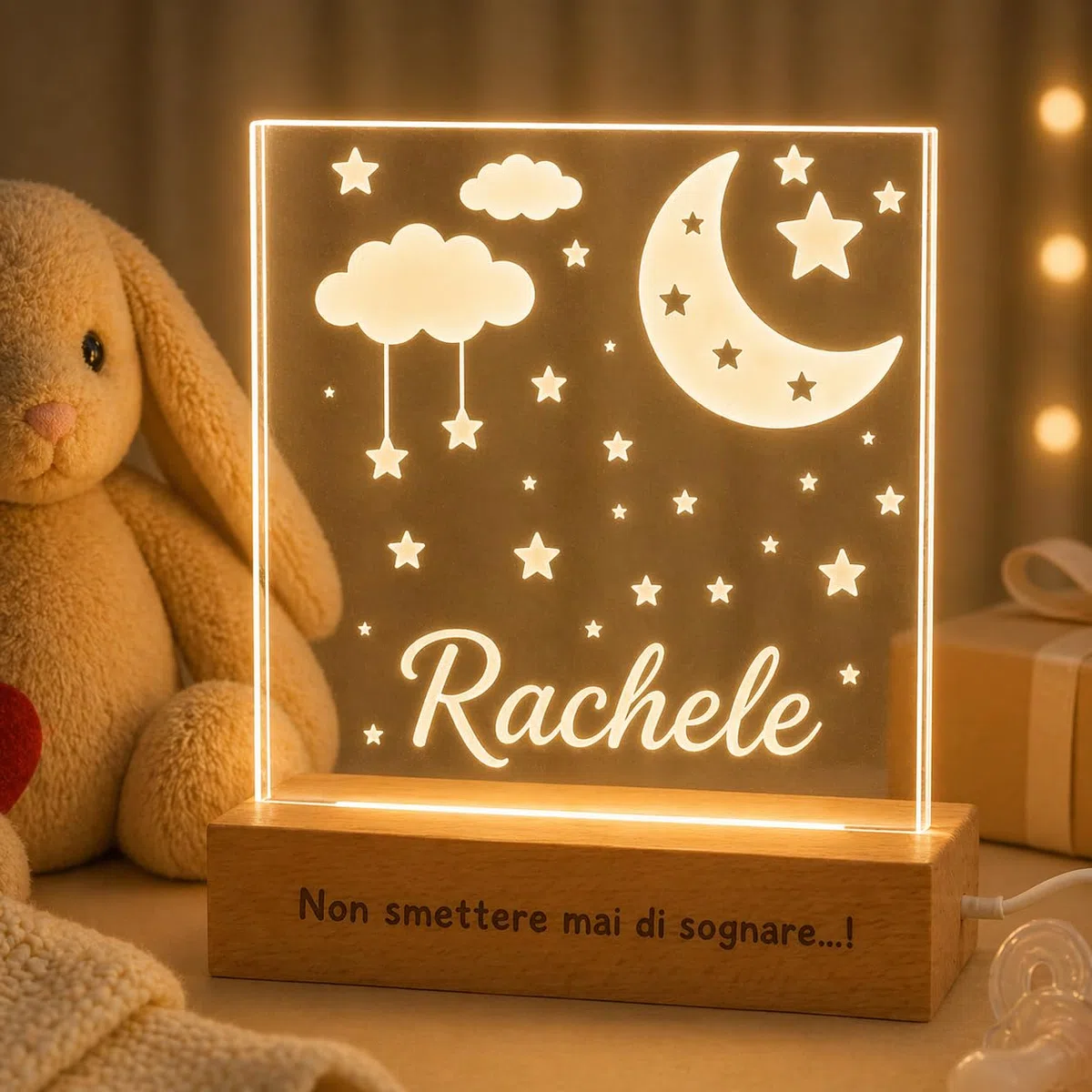 SBUGATTA |Lampada Personalizzata Con Nome |Lampada Notturna Bambino Bambina Neonato |Luce Notturna Personalizzata Bambini |Regalo Battesimo Bimbo Bimba|Regalo Nascita Bimbo Bimba (Luna-Nuvole)