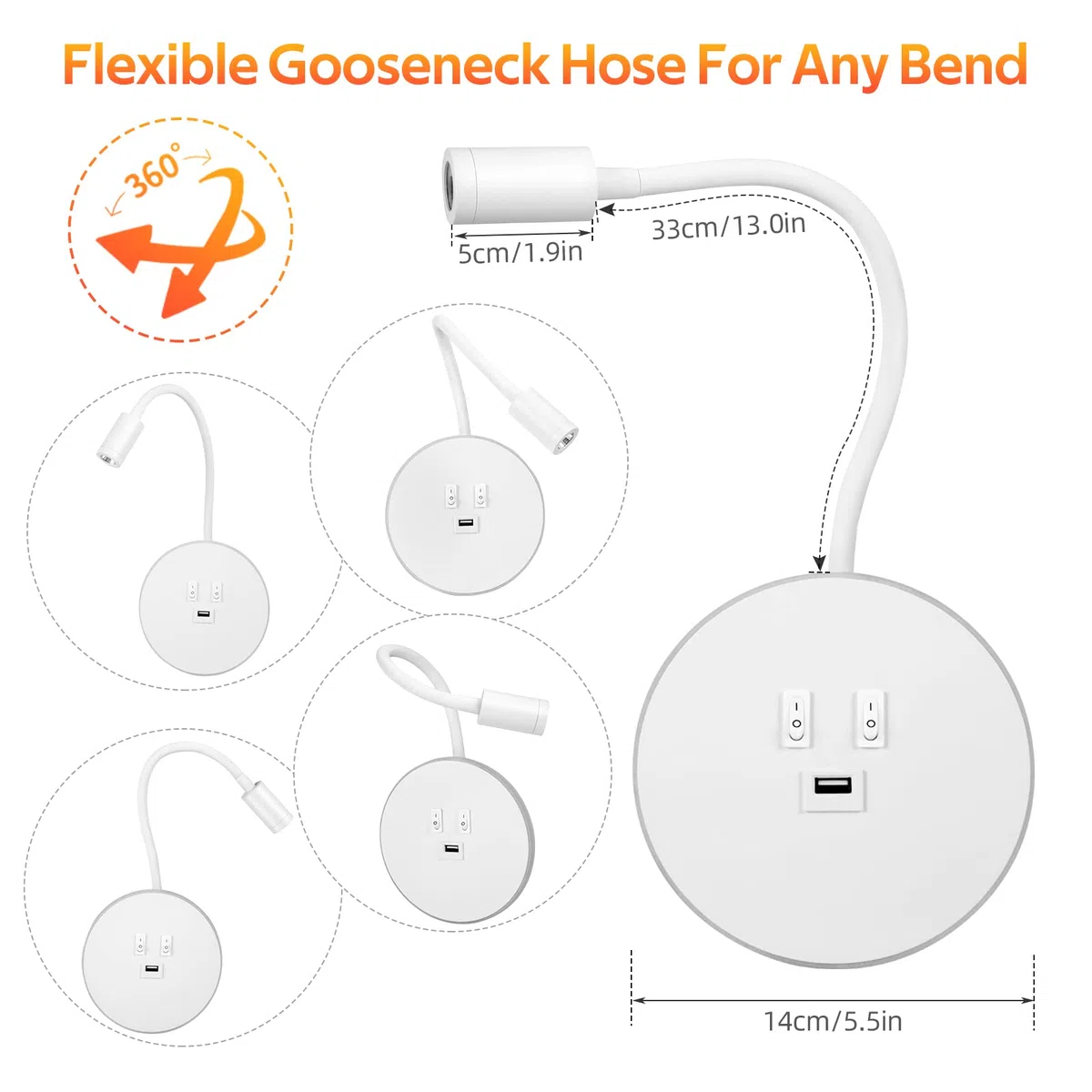 Weigudoc Lampada da Lettura a Collo D'oca a LED, Lampada da Parete, Lampada da Lettura da Comodino, Lampada da Parete Regolabile da Comodino con Porta di Ricarica USB e Interruttore(White)
