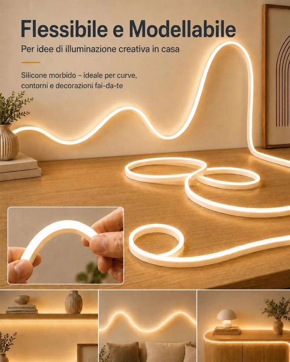 Meevt Striscia LED Neon 5 Metri Bianco Caldo 3000K, 12V Strisce Luci LED Flessibile con 600 LED, IP65 Impermeabile, Luci LED Sottopensile Cucina, Camera, Scale, Esterno (Senza Alimentatore)