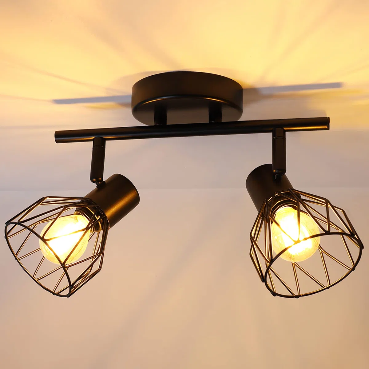Faretto Led Interno da Soffitto Nero, Lampada Vintage Industriale E14, Luci da Soffitto per 2 Lampadine E14 non Incluse, Faretti da Parete Orientabili per Soggiorno Camera da Letto, Max 40W
