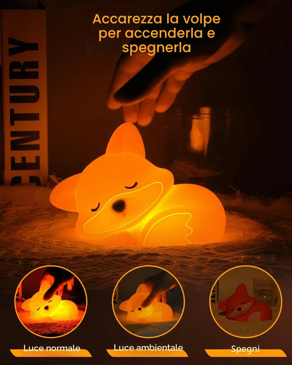 Amaredom Luce Notturna Volpe Simpatica Lampada LED in Silicone Dimmabile con Timer e Touch Control Perfetta per Camera dei Bambini, Comodino, Camera da Letto e Soggiorno