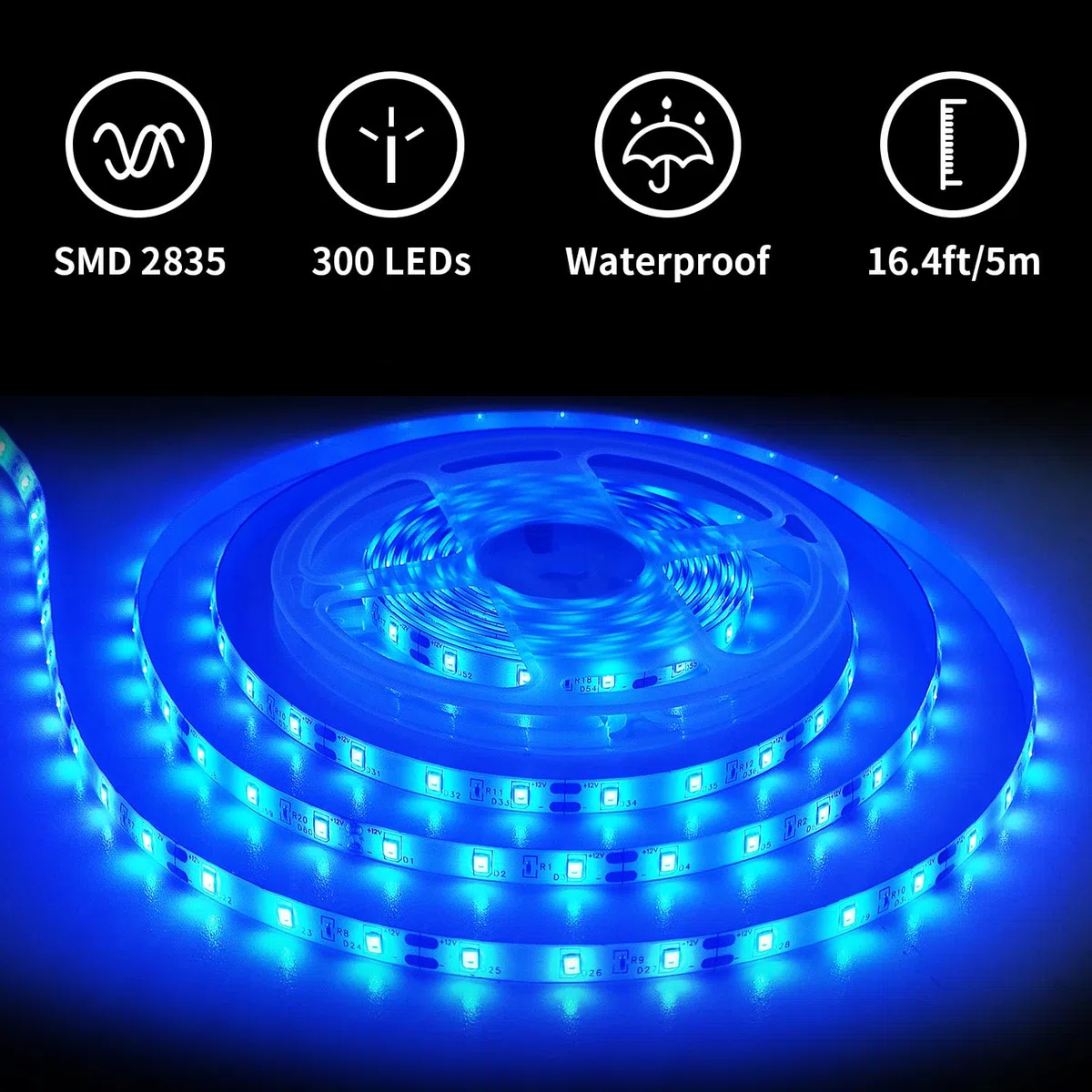 Striscia LED 5 Metri 12V Blu, Luci LED Striscia Luminoso IP65 Impermeabile 300LEDs Strisce LED Flessibili per Interno Esterno Cucina Hotel Natale Decorazione (con Alimentatore)