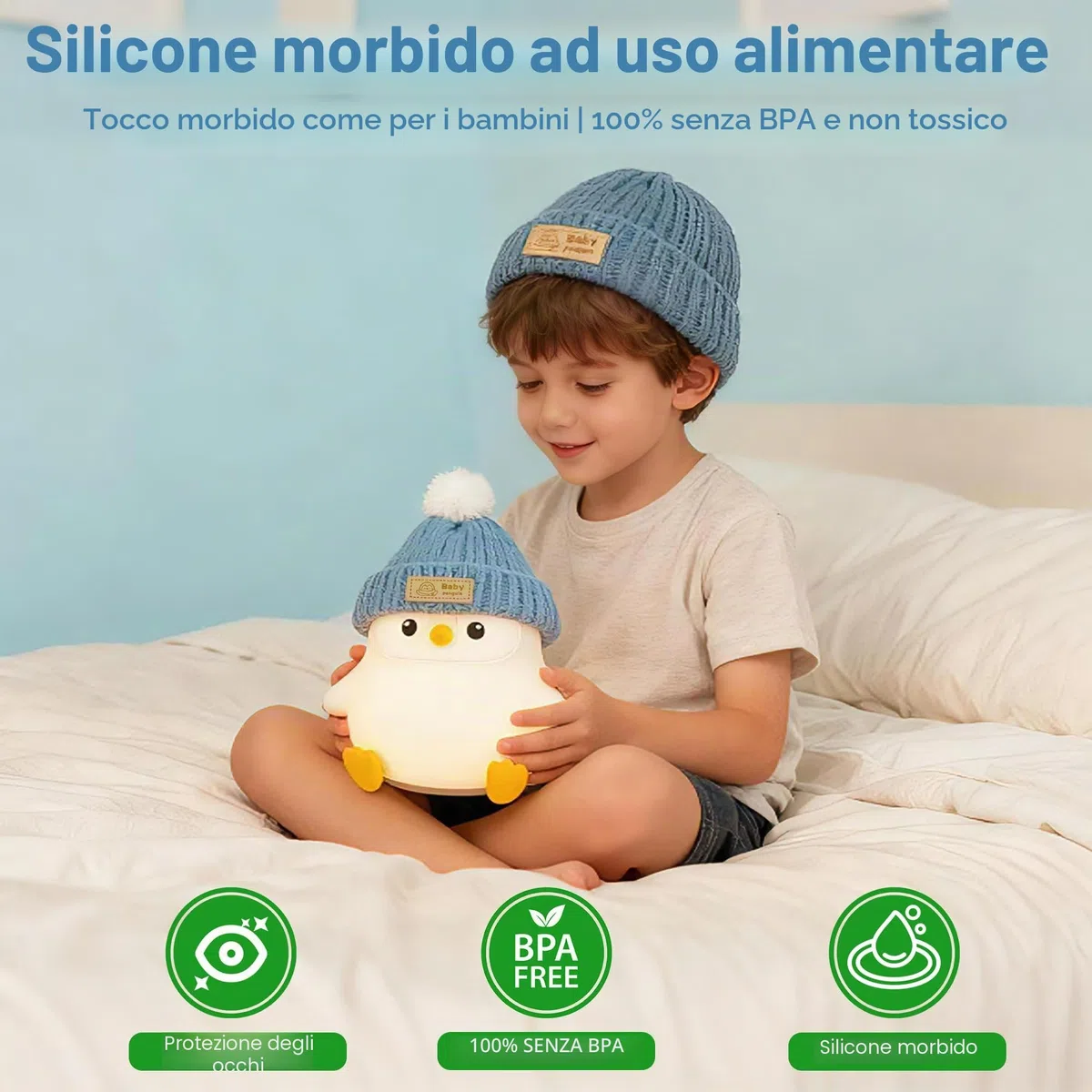 FAMIDUO Lampade Bambini Cameretta Pinguino con Cappello Lavorato a Maglia, Lampada Pinguino Morbida Kawaii, Silicone per Uso Alimentare,Luce Notturna Dimmerabile,LED Ricaricabile Luce Notturna Bambini