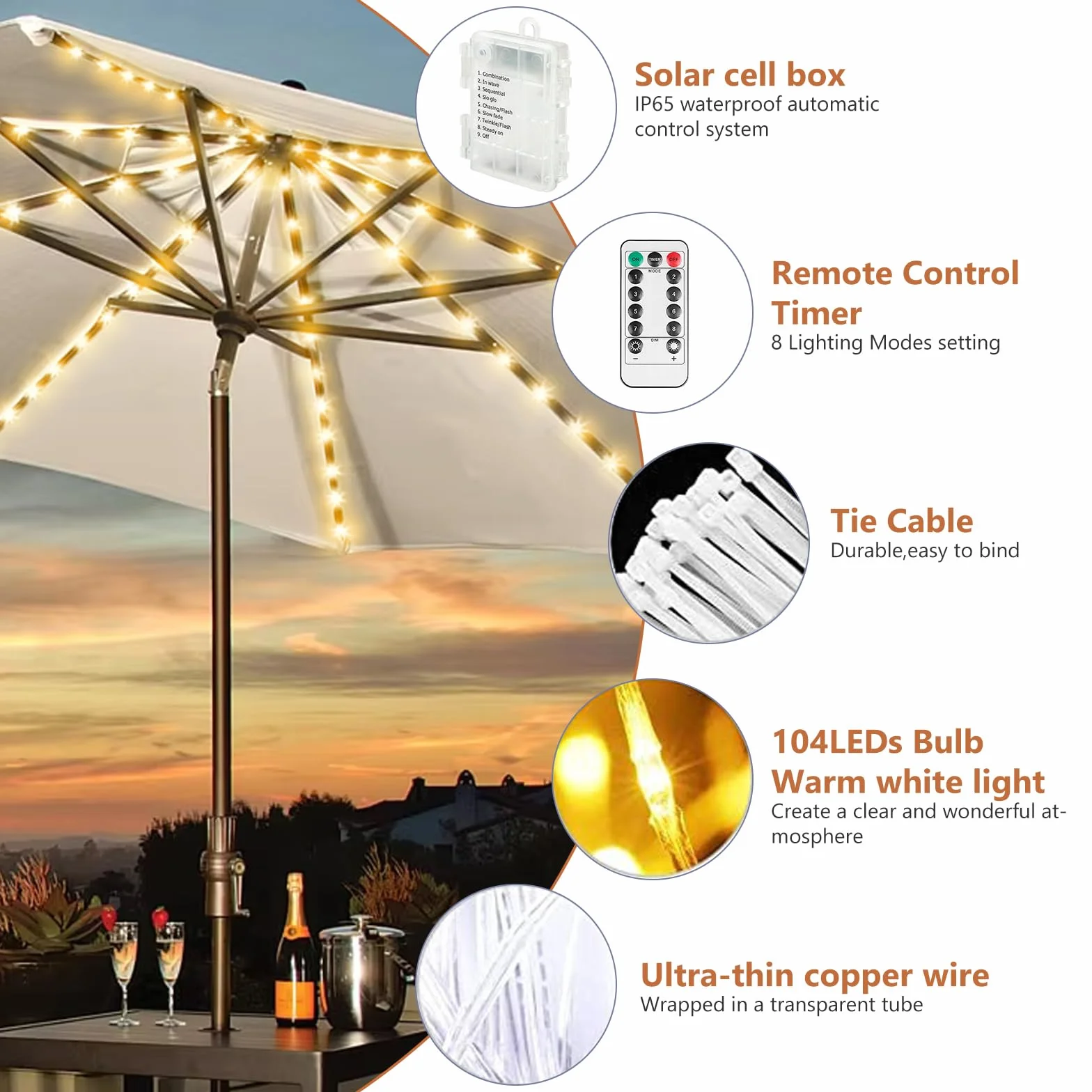 Catena Luminosa Per Ombrellone,Luci Per Ombrelloni Da Esterno Con Telecomando,Llluminazione Per Ombrellone,Catena Di Luci Per Ombrellone Per Uso Esterno,Patio,10 LED, 8 Modalità,Impermeabile IP67