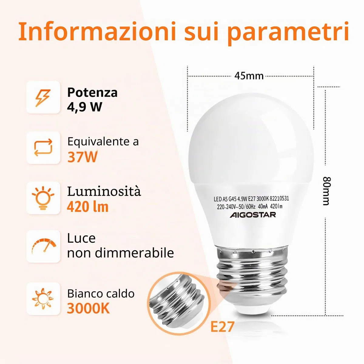 Aigostar Lampadine LED E27 5W Luce Bianca Calda 3000K 420 Lumen, Mini Globo Lampadina Pacco da 10