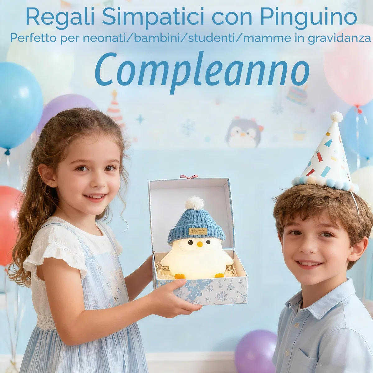 FAMIDUO Lampade Bambini Cameretta Pinguino con Cappello Lavorato a Maglia, Lampada Pinguino Morbida Kawaii, Silicone per Uso Alimentare,Luce Notturna Dimmerabile,LED Ricaricabile Luce Notturna Bambini