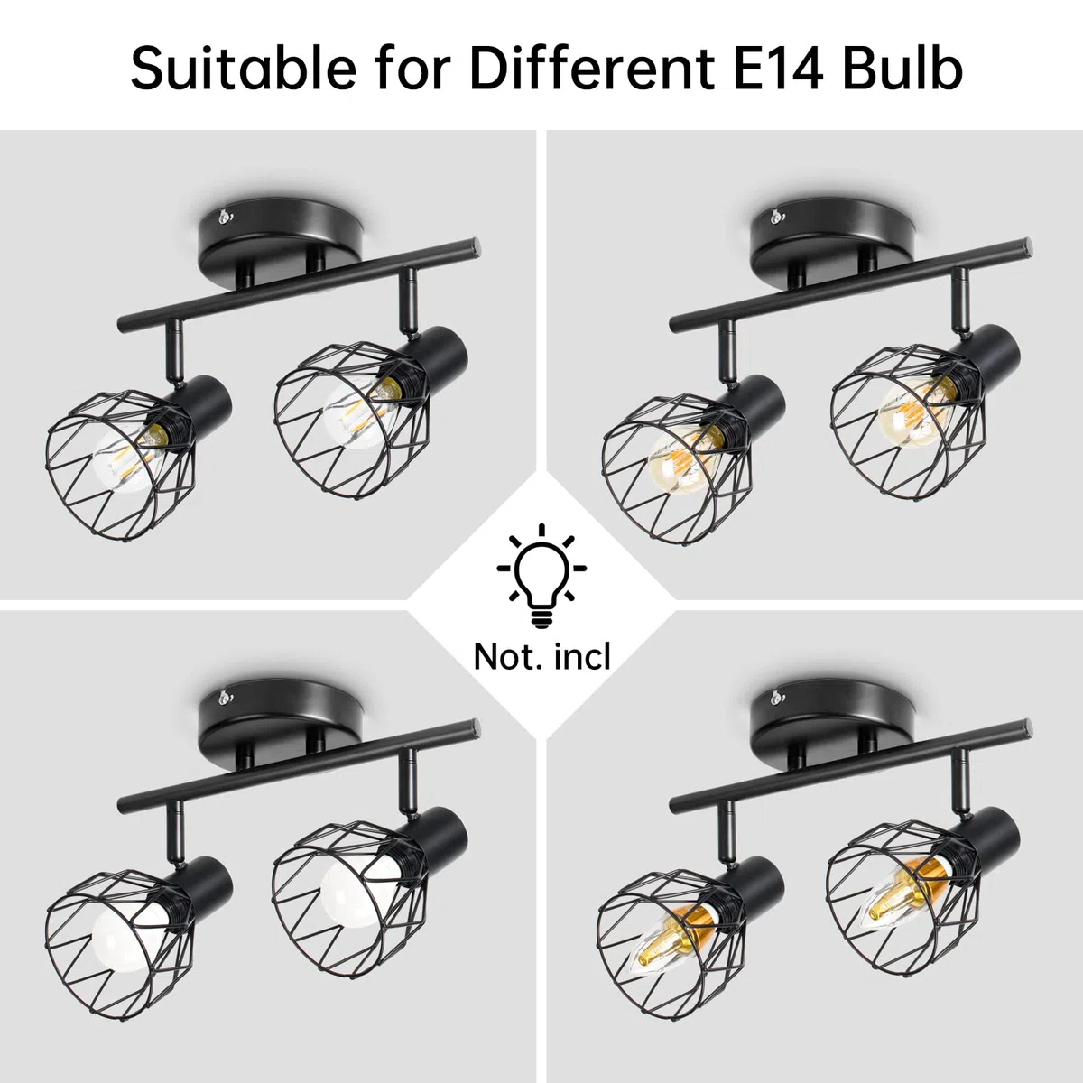 Faretto Led Interno da Soffitto Nero, Lampada Vintage Industriale E14, Luci da Soffitto per 2 Lampadine E14 non Incluse, Faretti da Parete Orientabili per Soggiorno Camera da Letto, Max 40W