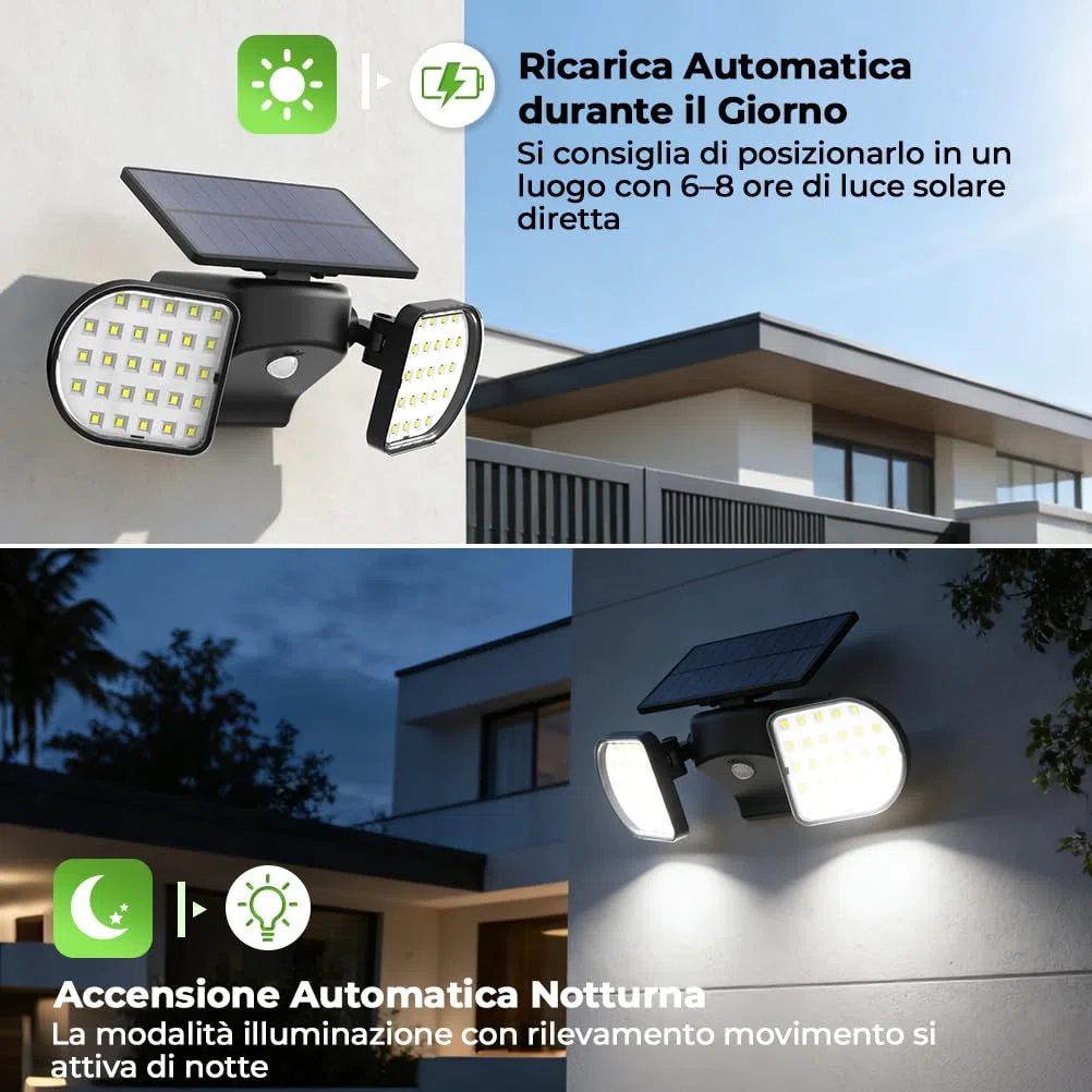 OUSFOT Faretto LED da Esterno Solare 56 LED Luce SolareLED Esterno con Rivelatore 2200 mAh, Lampada Solare da Esterno IP65 Illuminazione da Parete Esterna per Giardino, Garage