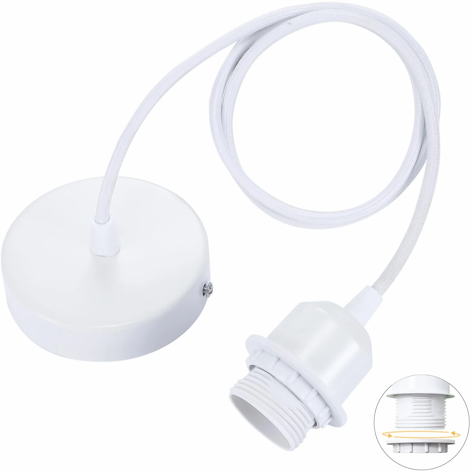 Linkind Portalampada E27 in Metallo, Lampada a Sospensione con Cavo(100CM Altezza Massima Regolabile) e Anello Filettato, Portalampada Compatibile con Paralume(Bianco)
