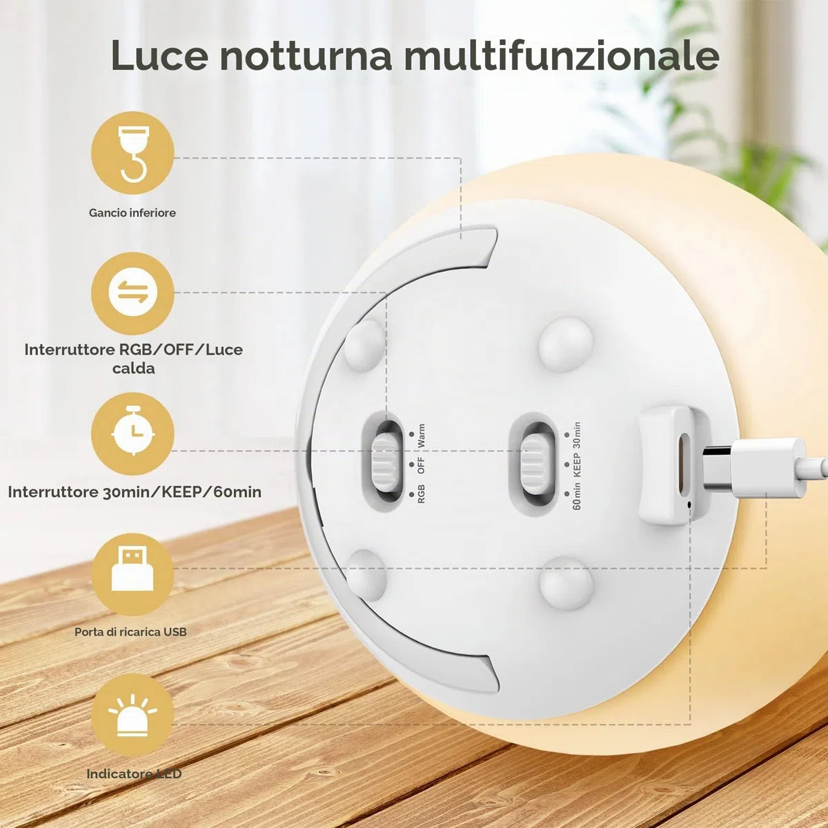 Suright Luce Notturna Bambini,Lampada da Comodino Ricaricabile USB,Luce Notturna LED con Luce Calda Dimmerabile Progressive&Luce a 7 Colori,Touch&Interruttore,Timer per Cameretta,Campeggio, Regalo