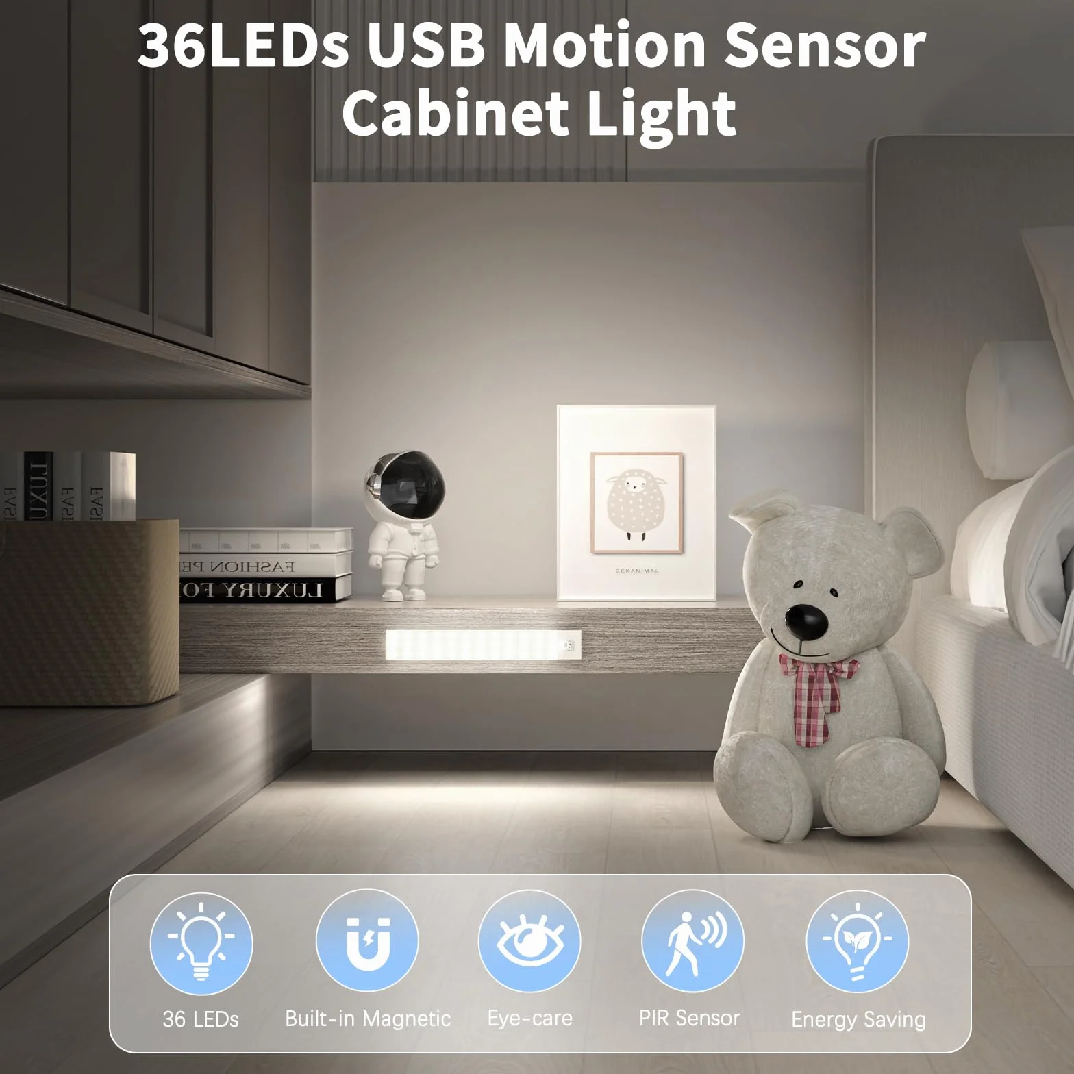 OUILA Luce Armadio LED con Sensore di Movimento Luci Notturna 36 LED 4 Modalità Lampada Guardaroba Luce da Esposizione 1000mAh USB Ricaricabile Cucina, Scale, Corridoio, Garage - 23cm*2 Pezzi