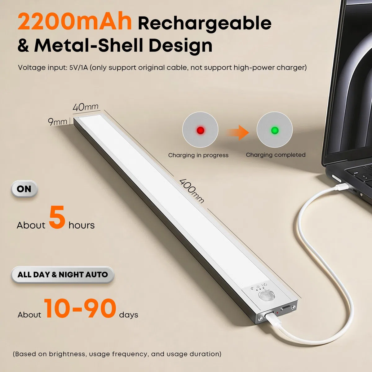 LROLTEF Luce LED Sottopensile Cucina - 40CM Sensore di Movimento per Luce Armadio - 2200mAh Luci Lampada Dimmerabile per Cucina Soggiorno Scale Camere da Letto | 1 Pezzi Argento