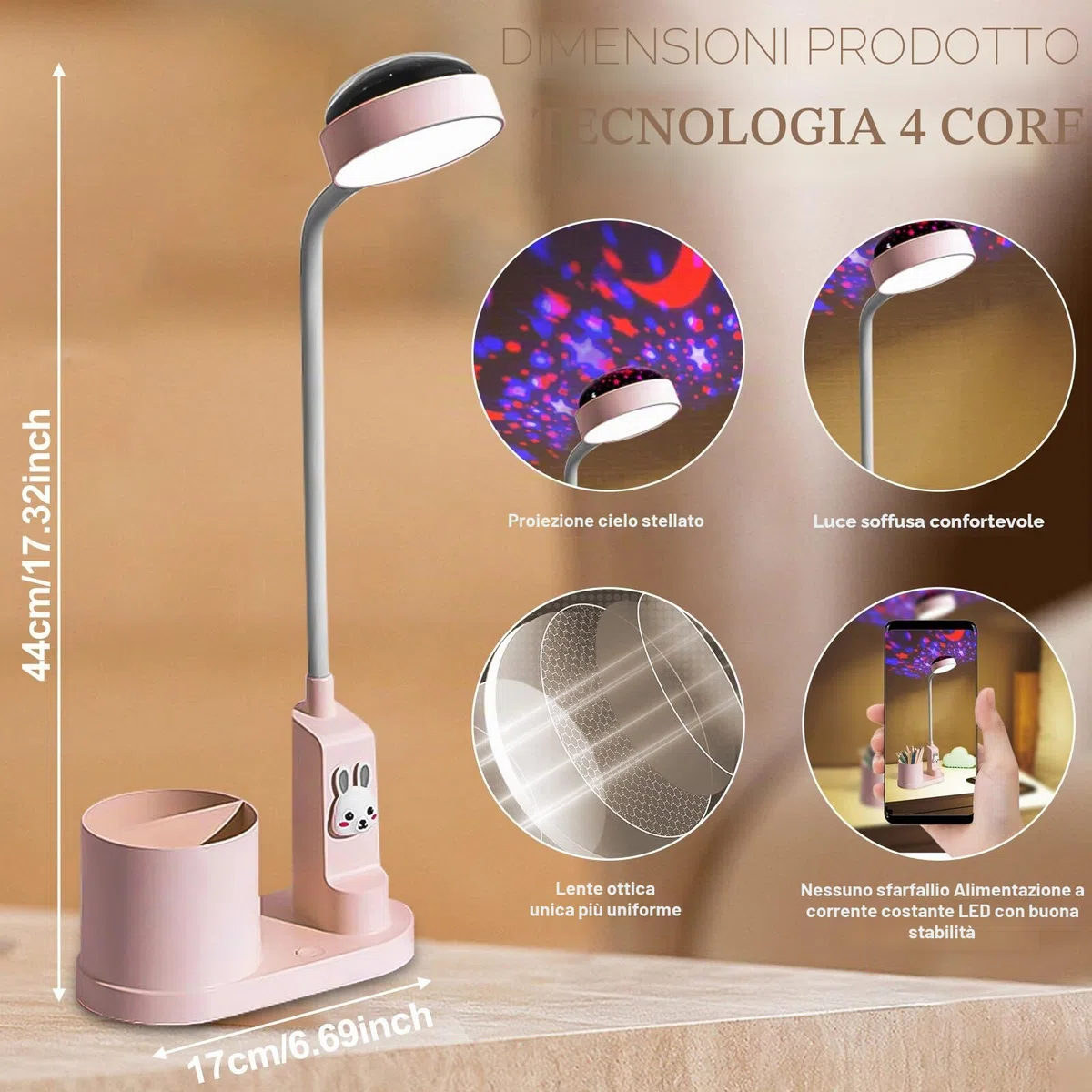 lampada da scrivania per bambini, studio con proiezione cielo stellato, comodino a LED con portapenne, ricaricabile USB, collo di cigno, dimmerabile, varie livello luminosità