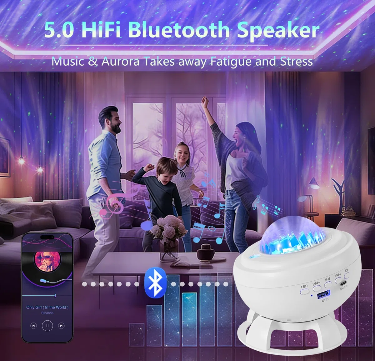 proiettore Stelle Soffitto, Lampada a LED con Lettore Musicale Bluetooth e 8 Animazioni Realistiche Della luce Nordica, Proiettore a Stelle per Bambini/adulti, Camera da Letto, Regalo di Compleanno