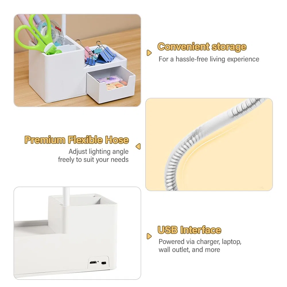 Lampada da Scrivania a LED Bambina, Lampada da Tavolo Ricaricabile USB, Luce da Lettura con Interruttore Touch e Portapenne per Studiare e Leggere, 3 Modalità di Illuminazione e 3 Luminosità
