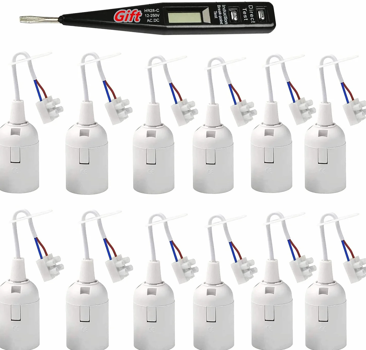 12 Pezzi Portalampada E27 Porta Lampadina Portalampada E27 per Cantiere/Ristrutturazione/Lavori,E27 Lampade Basi con Filo e Terminale,Tester di Tensione,Supporto della Lampada