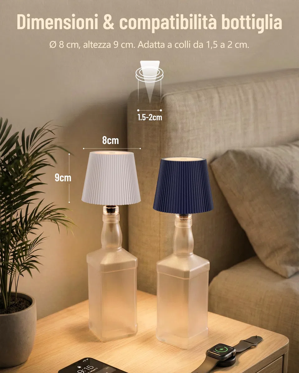 Beaeet Lampada per Bottiglia LED Nero Senza Fili, Touch Dimmerabile 3 Colori, Ricaricabile USB-C, Decorativa per Casa Terrazzo Campeggio Feste Regalo
