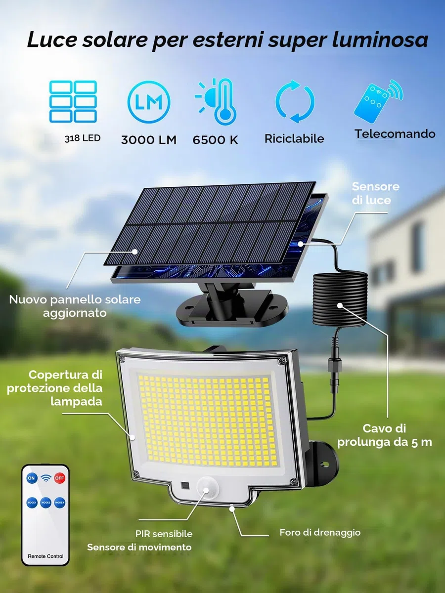 SIGRILL Faretti Solari a LED da Esterno con Sensore di Movimento, 318 LED Luce Solare Led Esterno con 3 Modes, 5M Cavo, Lampada Solare da Esterno (1 Pezzo - 318LED Bianco Freddo)