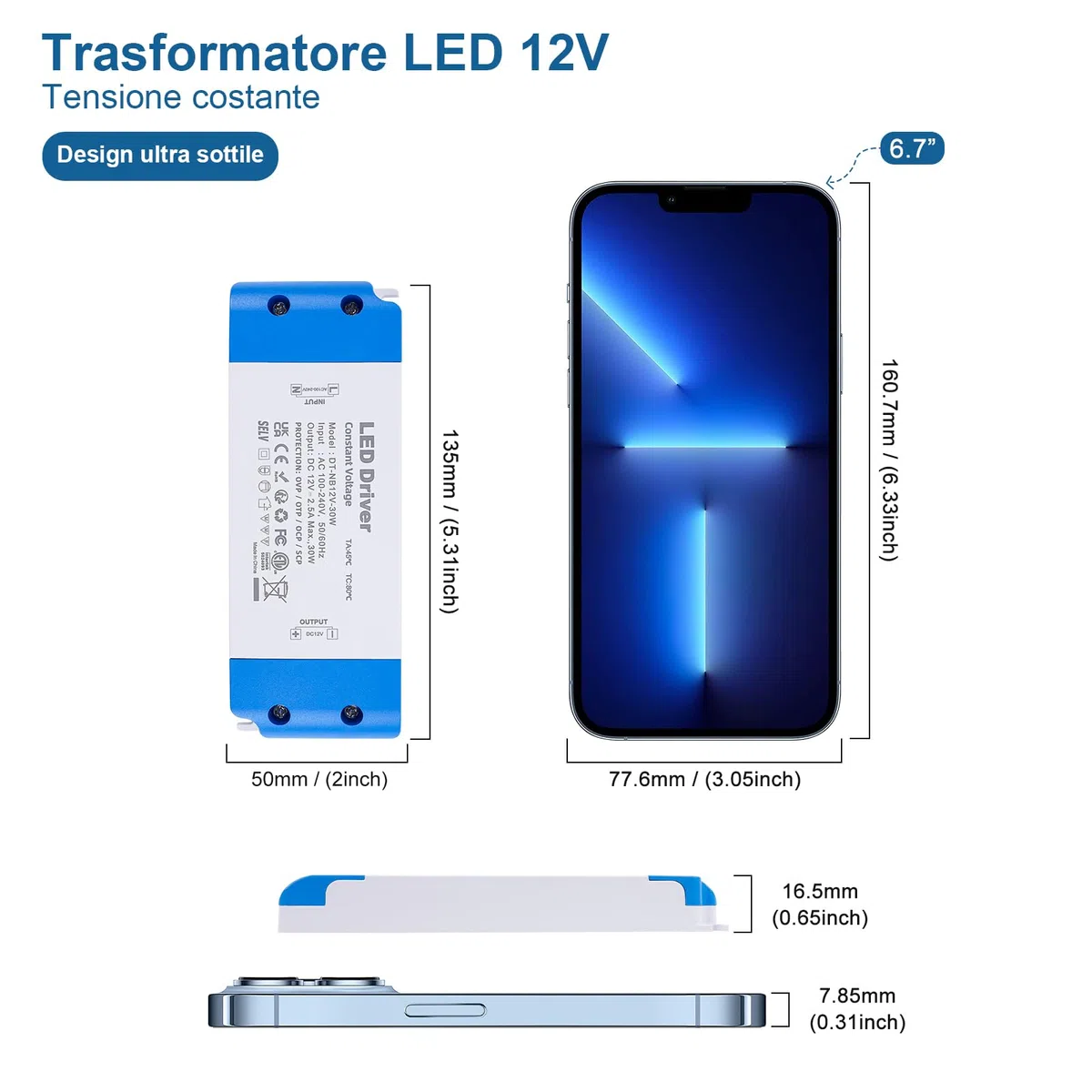 Trasformatore LED 12V, 30W Alimentatore LED AC 220V a 12 Volt DC 2.5A Tensione Costanten Driver, Ultra Sottile Stabilizzato Bassa Tensione per Striscia LED e Faretti Lampadine LED