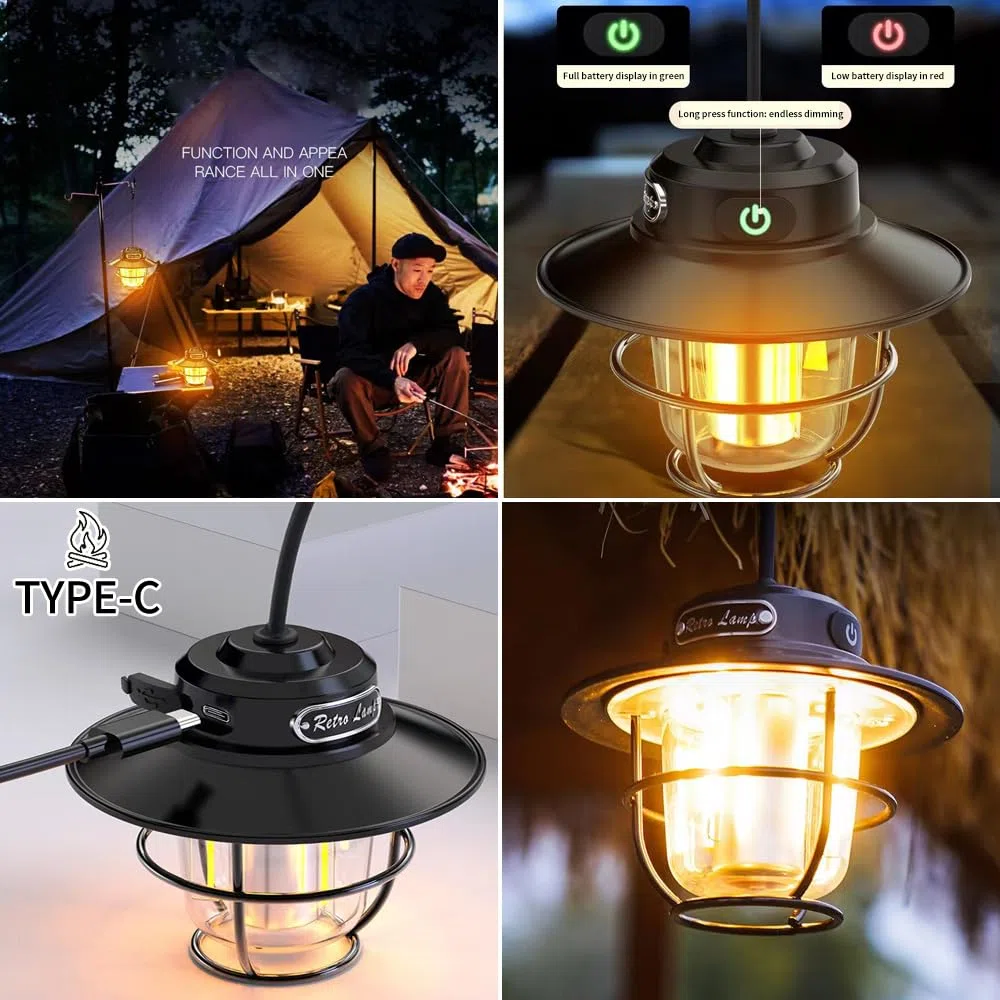 Luce di campeggio esterna ricaricabile LED, Mini luce di emergenza portatile della tenda, Nuovo Cavallo Lampada a 4 velocità Modalità bianca e calda luci, ambra e luci bianca calda.