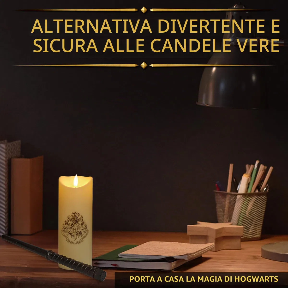 Harry Potter Candele LED con Bacchetta Telecomando, 5m Allineare e Hogwarts Disegno Dello Stemma, Bianco Candela a Batteria Lungo Senza Fiamma
