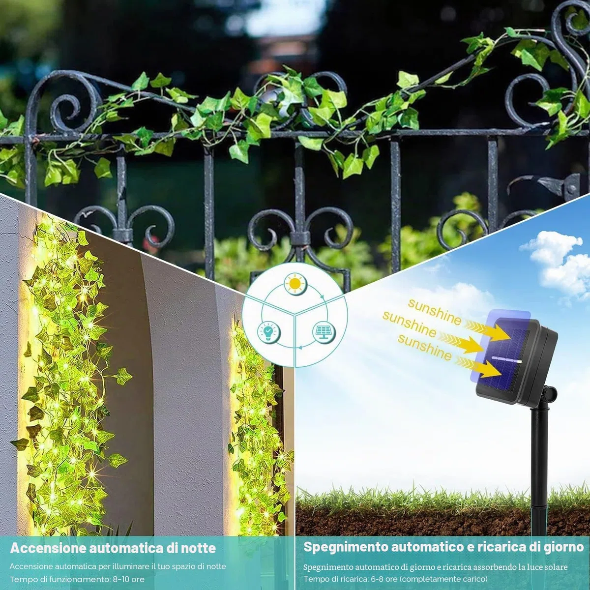 Bigzom Edera finta da esterno solare, 6M 60LED Edera artificiale, Catena luminosa solare da esterno con 8 modalità di illuminazione, Decorazioni per giardini, pareti e matrimoni