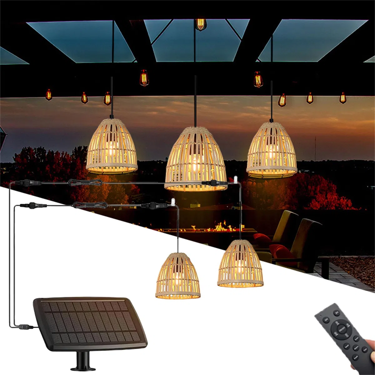 Lampadario Solare Boho Outdoor Rattan 2 Luci LED 300 Lumen Dimmerabile Telecomando
