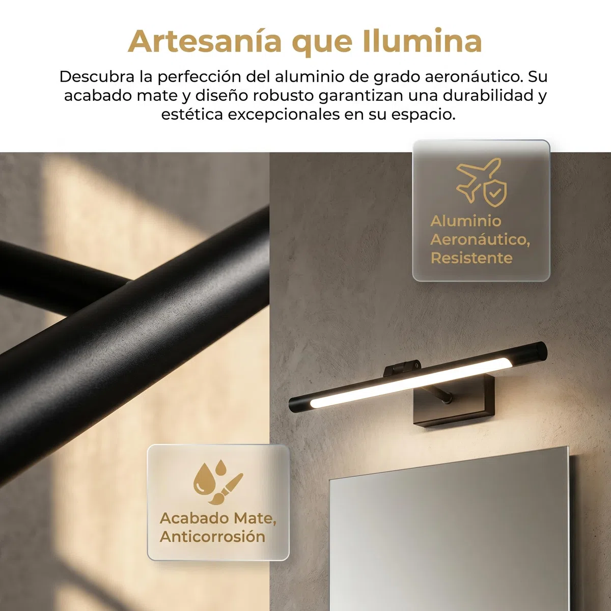 BARCELONA LED. Applique da bagno a LED nera 40 cm – 6 W, 420 lm, IP44 – Bianco neutro 4000 K. Illuminazione moderna ed efficiente. Applique sopra lo specchio.