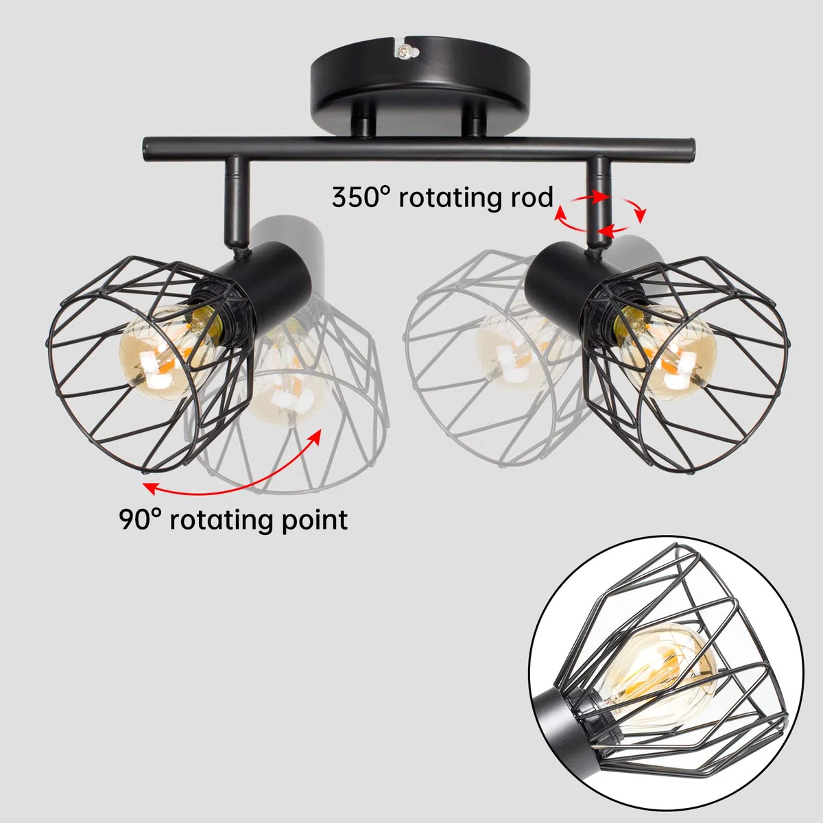 Faretto Led Interno da Soffitto Nero, Lampada Vintage Industriale E14, Luci da Soffitto per 2 Lampadine E14 non Incluse, Faretti da Parete Orientabili per Soggiorno Camera da Letto, Max 40W