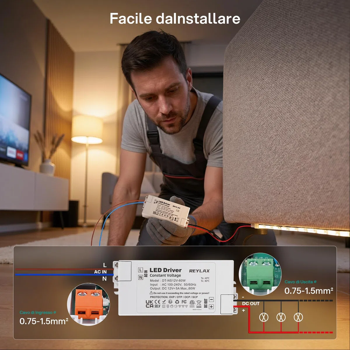 REYLAX Alimentatore LED 12V 60W, Trasformatore 220 12V Alimentatore 5A, Trasformatori Interruttore AC to DC, LED Driver di Tensione Costante, per Bassa Tensione Striscia Led, Lampade G4 MR16 MR11