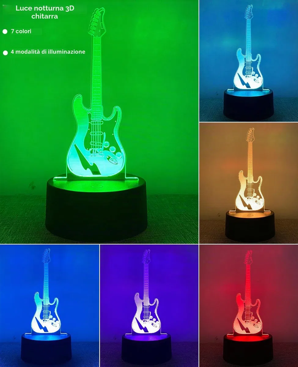 Lampada 3D Chitarra, Lampada LED Comodino Intelligente 7 Colori, Luce Notturna Adolescente Decorativa Per Camera Da Letto, Regalo Compleanno Per Ragazzi E Ragazze