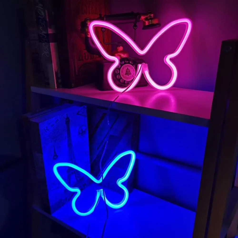2 pezzi di luce al neon a LED Insegne al neon a farfalla Luci notturne per la casa per la camera da letto dei bambini Lampade decorative Arte della parete Regalo di compleanno di Natale romantico