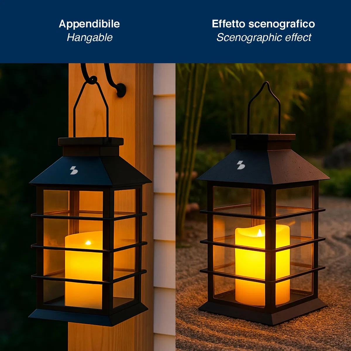 BEPER P207ILO303 Lanterna Solare con Candela LED Effetto Fiamma, Lampada Solare da Esterno con Gancio, Accensione Automatica, Luce Calda Tremolante, IP44 per Giardino e Balcone