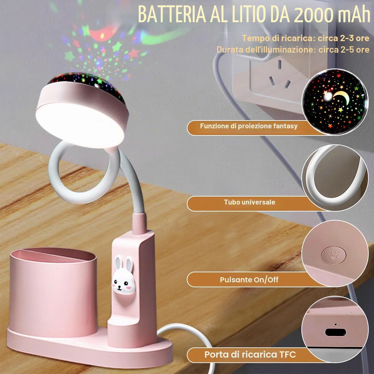 lampada da scrivania per bambini, studio con proiezione cielo stellato, comodino a LED con portapenne, ricaricabile USB, collo di cigno, dimmerabile, varie livello luminosità