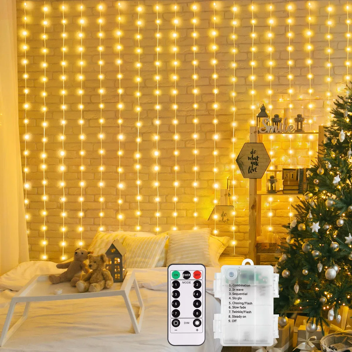 DBFAIRY Tenda luci fiabesche 2x2m 200 LED tenda luci fiabesche 8 modalità LED luci fiabesche telecomando timer luminosità regolabile per festa di Natale decorazione interna ed esterna (bianco caldo)