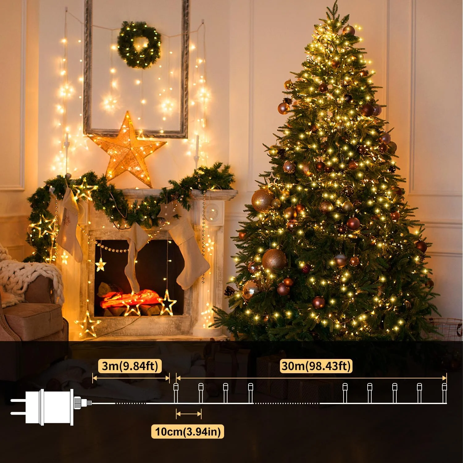 Hoteril Luci Natale Esterno, 33M 300 LEDs Luci Albero di Natale Impermeabile, Lucine da Esterno Giardino per Adatto a Giardino, Feste, Natale, Natalizie Albero, Nozze (Bianco caldo)